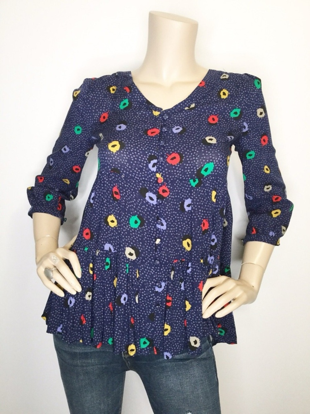 Maeve‎ Anthropologie Lila Tiered Navy Blue Multicolor Floral Peasant Tunic Top L